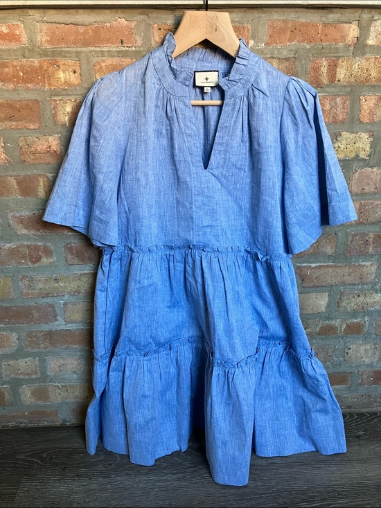 Tuckernuck Dresses & Skirts - Tuckernuck Chambray Crawford Tiered Ruffle-Sleeve Dress in Light Blue